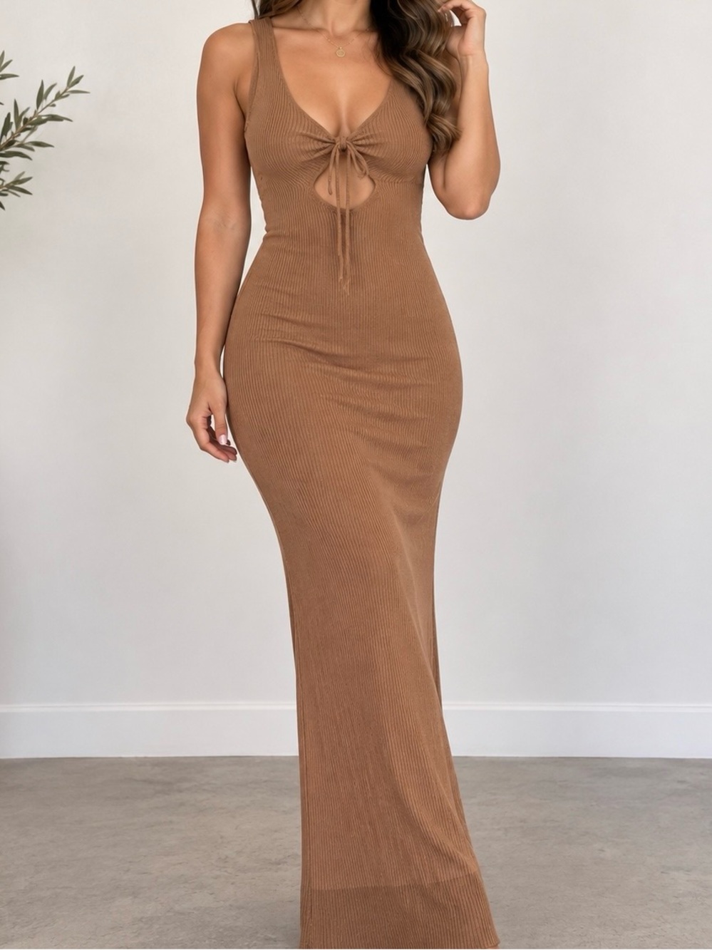 Beach Bunny Brown Metallic Ribbed Cutout Maxi Dress S/M